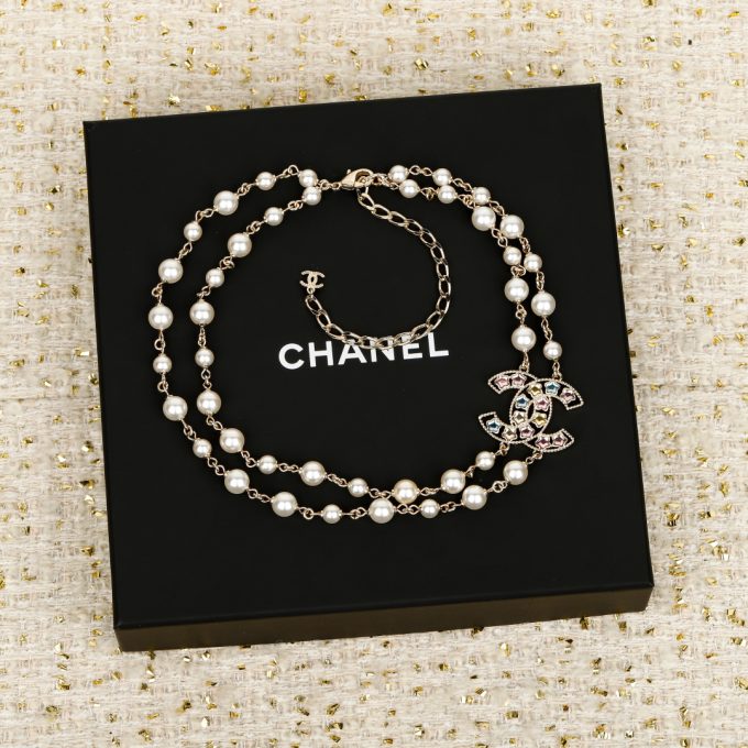 C Double Pearl Rainbow Diamond Necklace