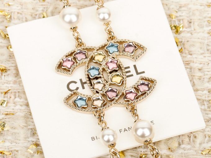 C Double Pearl Rainbow Diamond Necklace