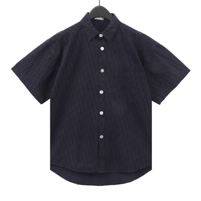 Navy blue jacquard lapel denim shirt with short sleeves
