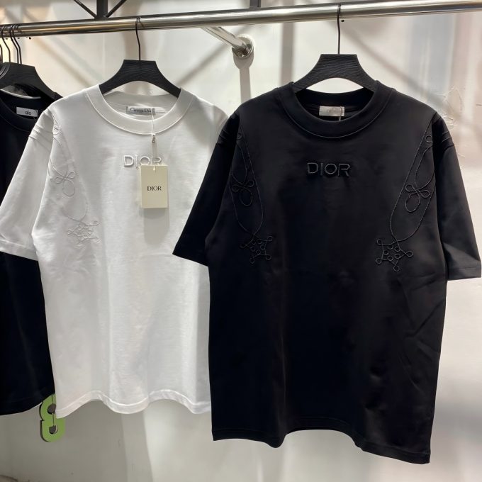 Dior embroidery  couple short sleeves T-shirt