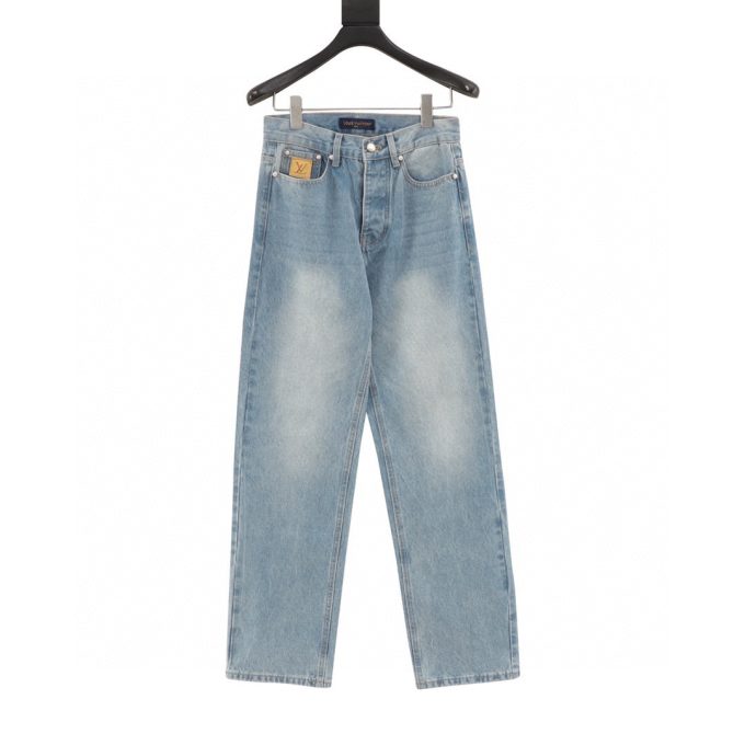 LV embroidered pocket denim blue denim trousers
