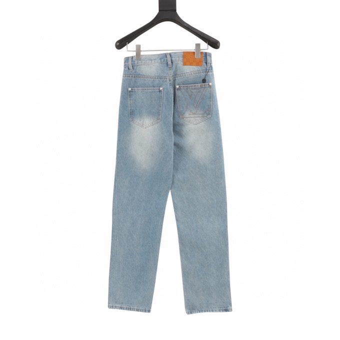 LV embroidered pocket denim blue denim trousers