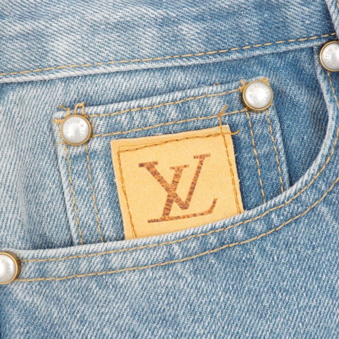 LV embroidered pocket denim blue denim trousers