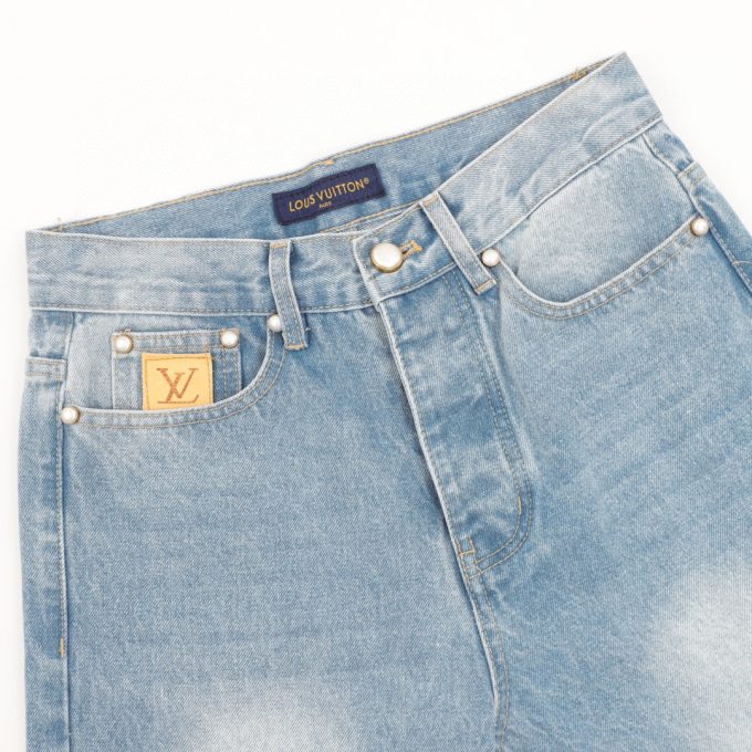 LV embroidered pocket denim blue denim trousers