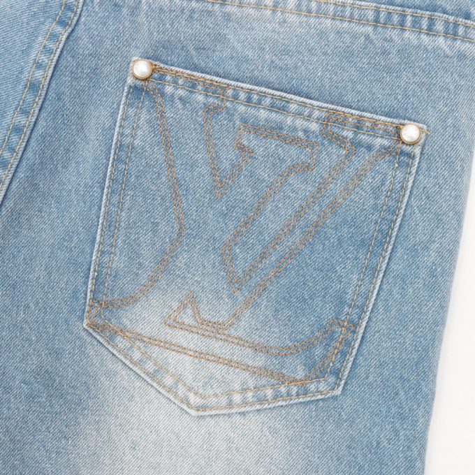 LV embroidered pocket denim blue denim trousers