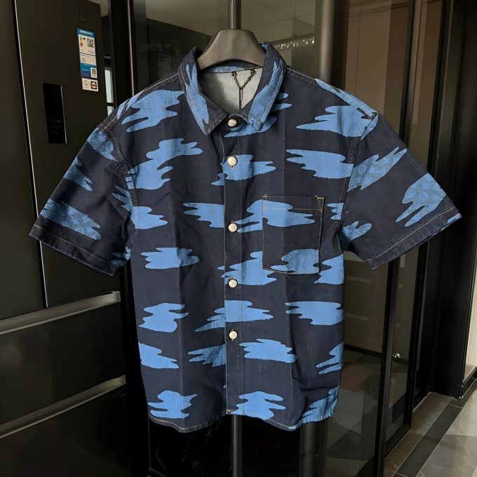 Louis chambered denim shirt with auspicious clouds printed all over
