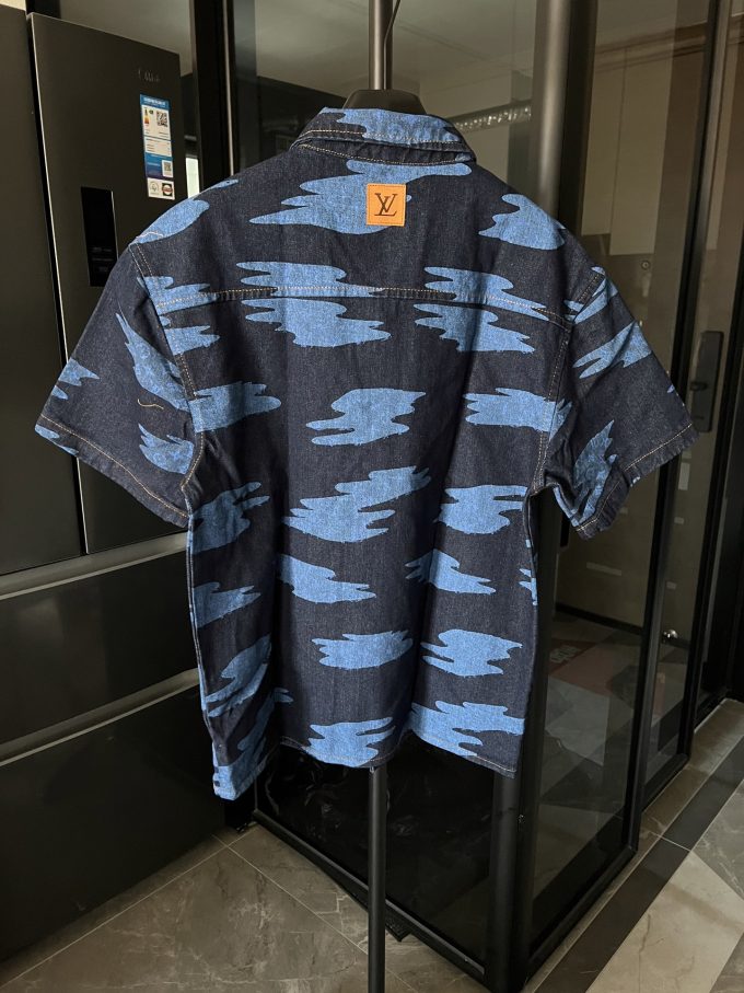 Louis chambered denim shirt with auspicious clouds printed all over