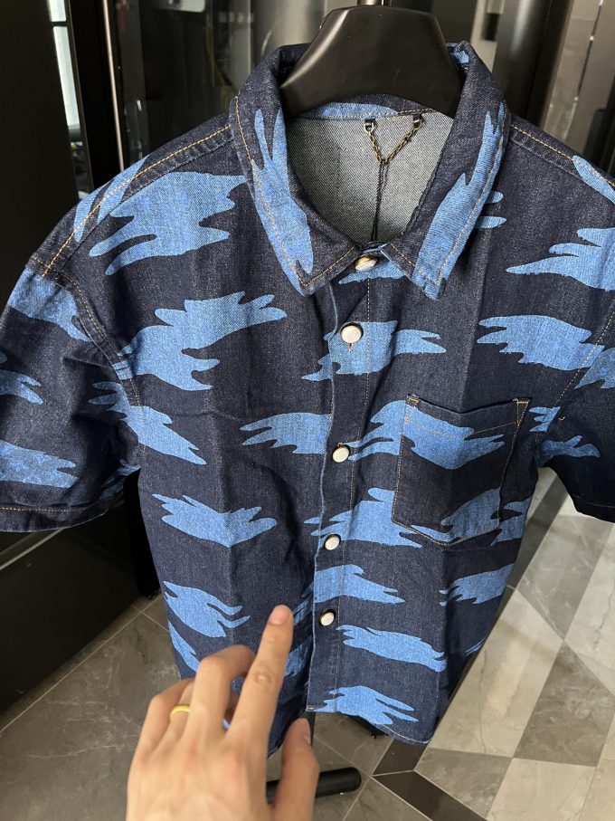 Louis chambered denim shirt with auspicious clouds printed all over
