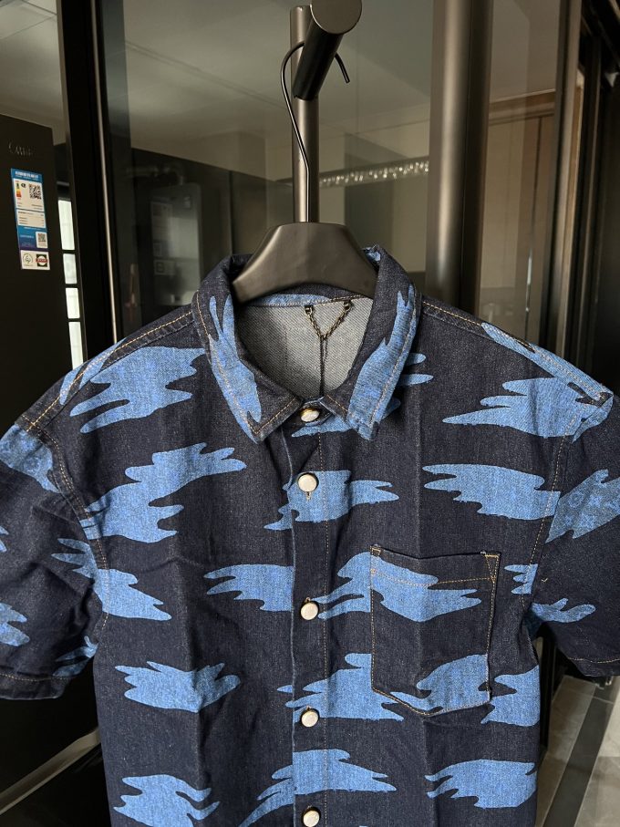 Louis chambered denim shirt with auspicious clouds printed all over