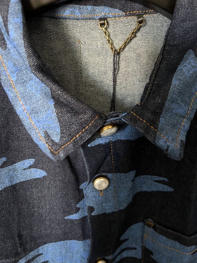 Louis chambered denim shirt with auspicious clouds printed all over