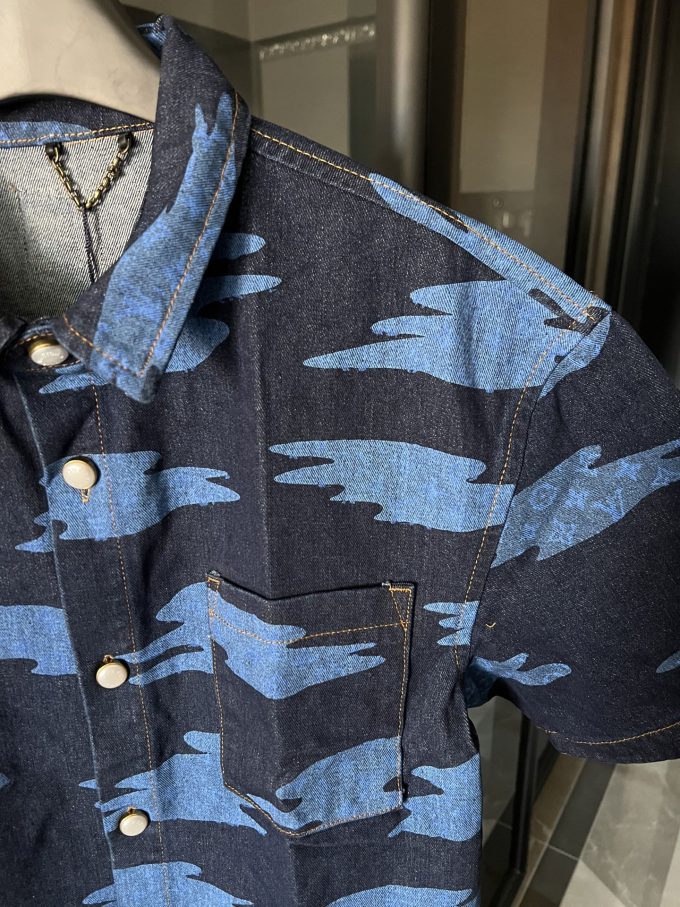 Louis chambered denim shirt with auspicious clouds printed all over