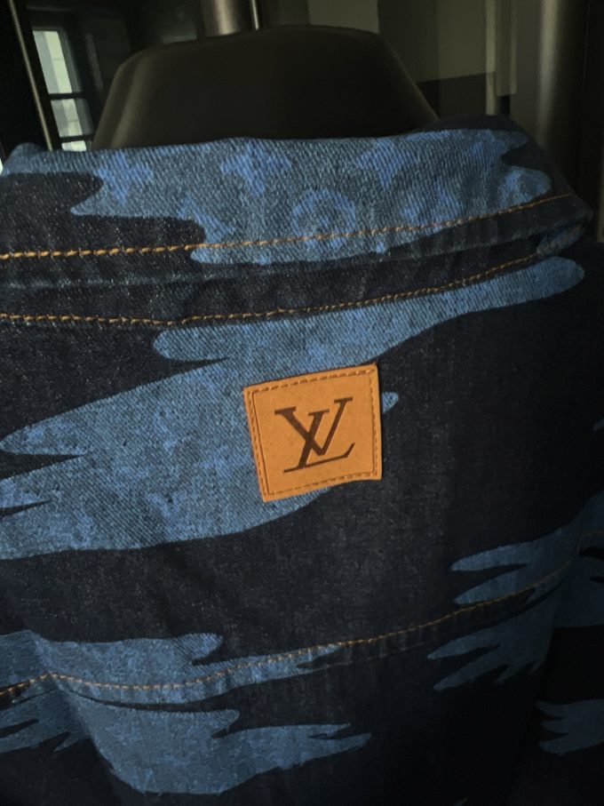 Louis chambered denim shirt with auspicious clouds printed all over