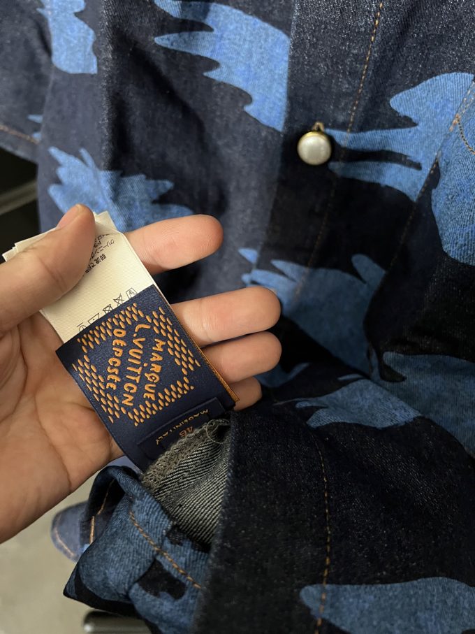 Louis chambered denim shirt with auspicious clouds printed all over