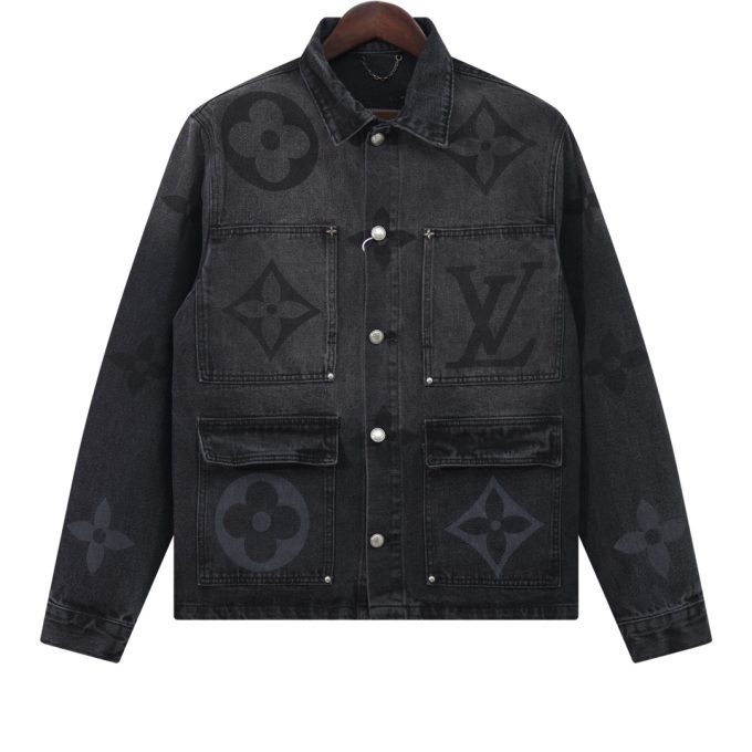 Louis Vuitton LV printed washed black and grey straight denim jacket -