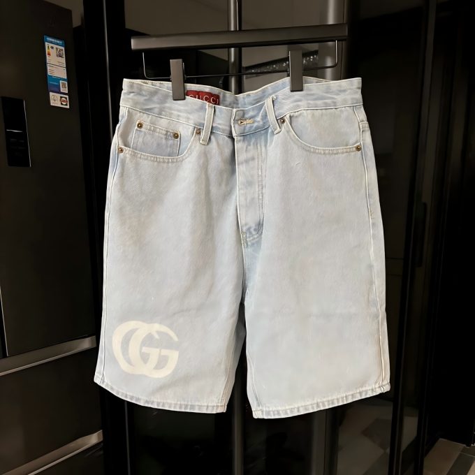 GUCCI double G print high-end washed blue denim shorts