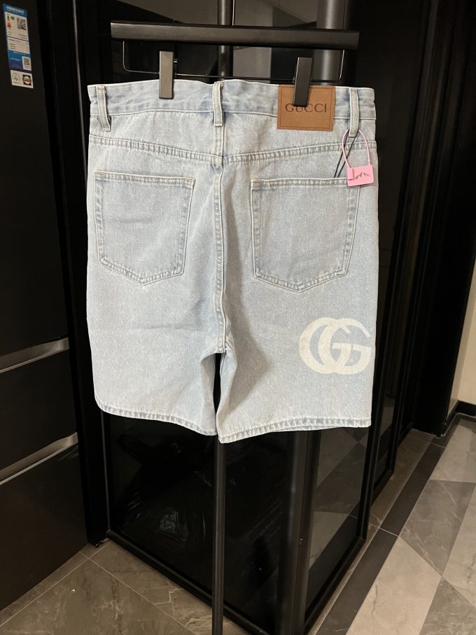 GUCCI double G print high-end washed blue denim shorts