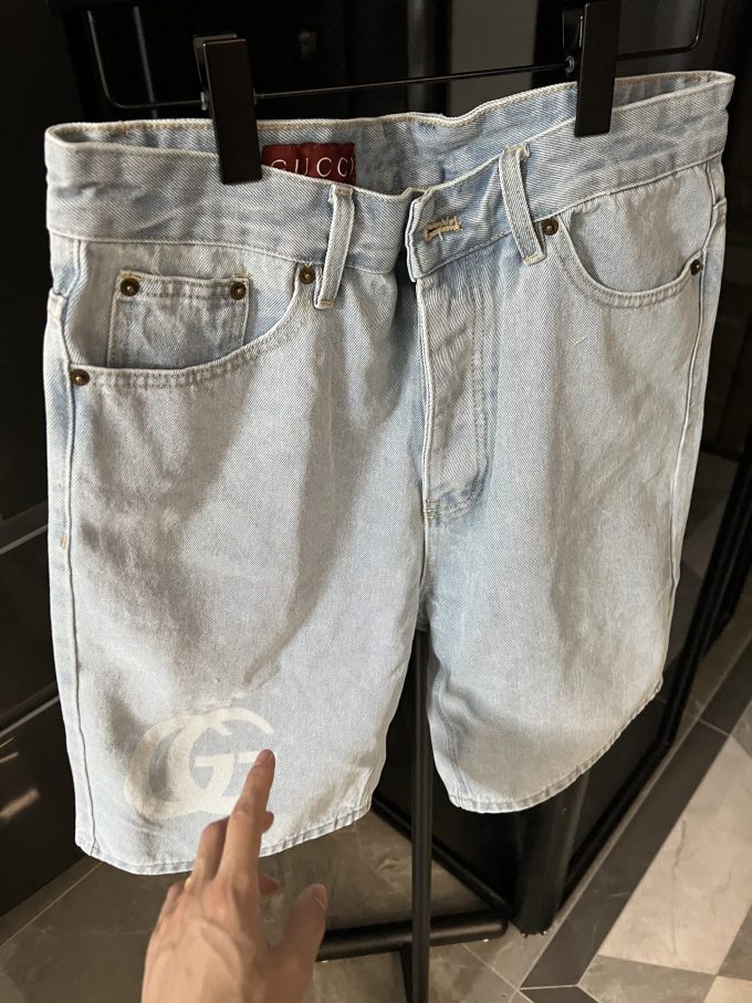 GUCCI double G print high-end washed blue denim shorts