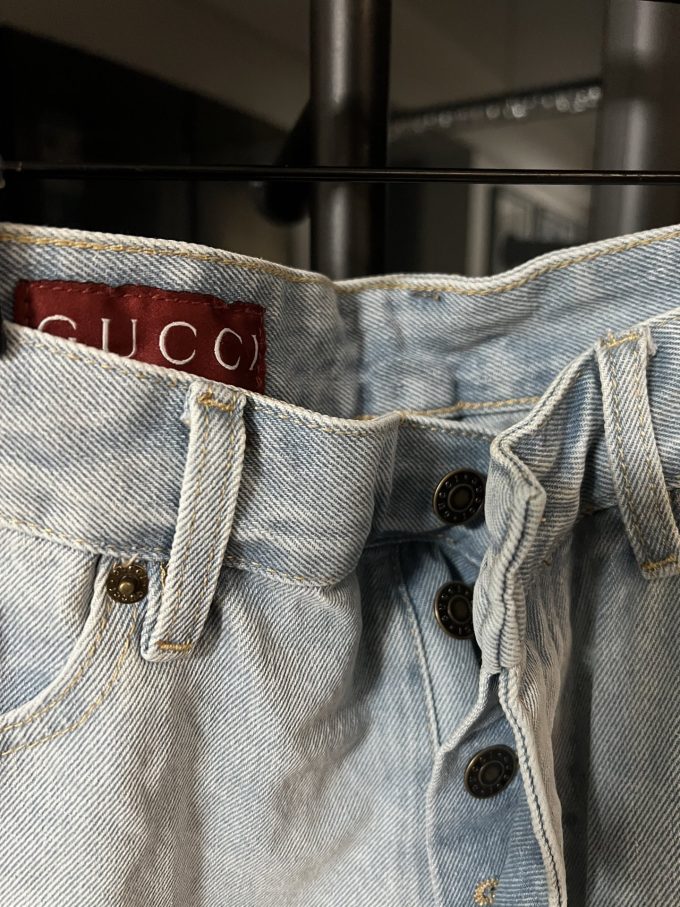 GUCCI double G print high-end washed blue denim shorts