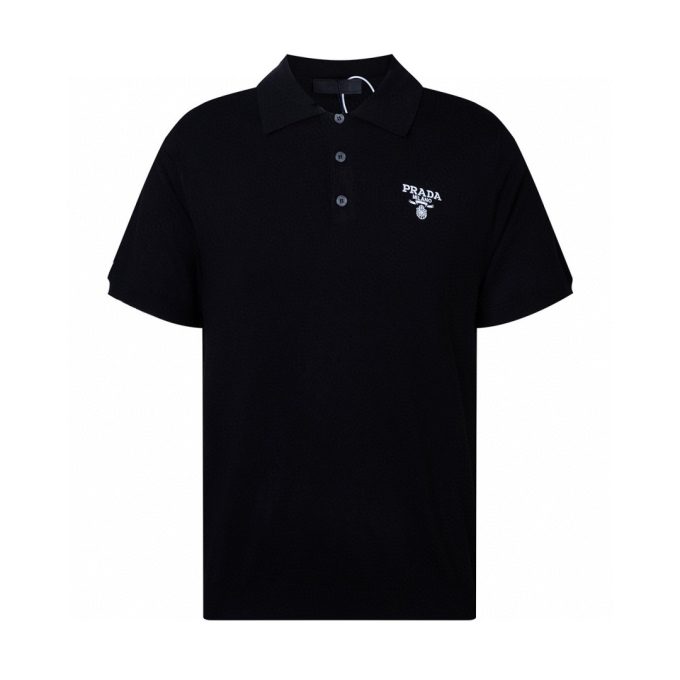 Prada letter logo embroidered wool Polo knitted short sleeve